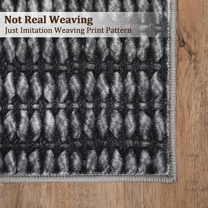 Washable 10x13 Modern Braided Print Area Rug for Living Room Low Pile Soft Bedroom Rugs Non Slip Modern Large Carpet Thin Foldable Boho Vintage Indoor Carpet for Playroom Open Living Room,Black