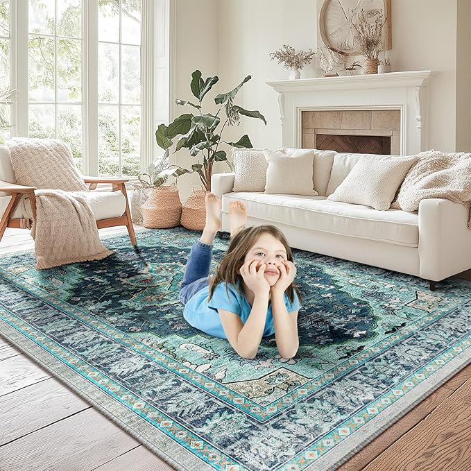 BESTSWEETIE 9x12 Area Rug Washable Rugs for Living Room, No Pile Boho Carpet for Entryway Bedroom Dinning Room, Vintage Carpet Print Distressed Non-Slip, 9 x 12 ft, Teal Dark Green