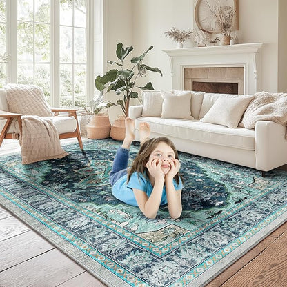 BESTSWEETIE 9x12 Area Rug Washable Rugs for Living Room, No Pile Boho Carpet for Entryway Bedroom Dinning Room, Vintage Carpet Print Distressed Non-Slip, 9 x 12 ft, Teal Dark Green