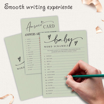 Baby Shower Word Scramble Game Cards - Minimalism Moss Green Party Game & Activity - 5"X7" Game Cards, Gender Reveal Game - Baby Shower Party Favors & Decorations (Pack Of 30 & 1 Answer Cards)-B08