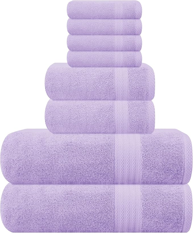 GLAMBURG Ultra Soft 8-Piece Towel Set - 100% Pure Ringspun Cotton, Contains 2 Oversized Bath Towels 27x54, 2 Hand Towels 16x28, 4 Wash Cloths 13x13 - Ideal for Everyday use, Hotel & Spa - Purple