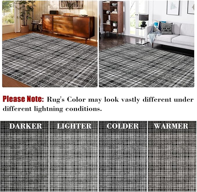 Washable Area Rug 5x7 Rug for Living Room Non Slip Modern Rug Soft Area Rug for Bedroom Farmhouse Black Plaid Throw Rugs Contemporary Stain Resistant Carpet for Dining Room 5'x7' Black/Grey