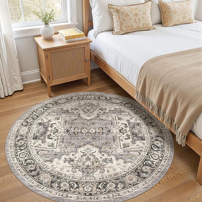 Area Rug for Living Room - 5x5 Soft Machine Washable Oriental Vintage Floral Distressed Large Indoor Floor Carpet for Bedroom Under Dining Table Home Office Decor - Brown