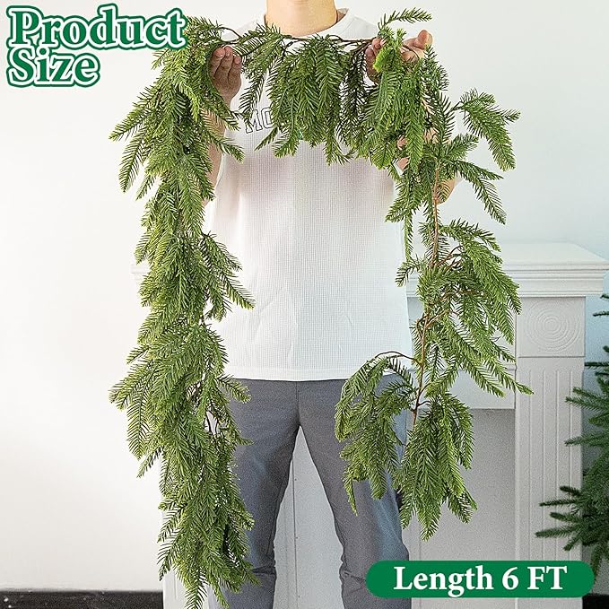 Watayo 6 Ft Christmas Norfolk Pine Garland, 3 Fork Dense Real Touch Pine Garland Ornament, Realistic Artificial Pines Greenery Garlands for Christmas Holiday Mantle Fireplace Table Home Decor