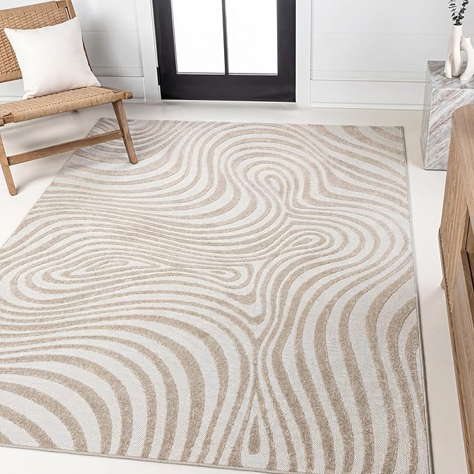 JONATHAN Y Maribo High-Low Abstract Striped Beige/Cream 5x8 Indoor/Outdoor Area Rug for Patio, Backyard, Living Room, Bedroom, Office, Hose-Washable (SCN103D-5)