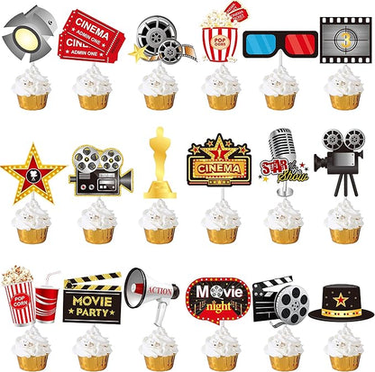 36pcs Movie Cupcake Toppers Movie Night Films Video Recorders Popcorns Cupcake Picks for Movies Theme Birthday Party Decorations Baby Shower Supplies
