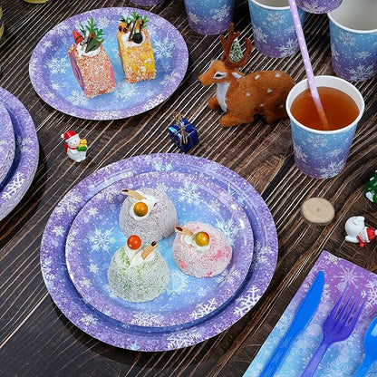 Winter Snowflake Paper Plates and Napkins Set, Blue and Purple Snowflake Winter Wonderland Disposable Tableware for Christmas Winter Holiday New Year Birthday Party Supplies Decorations, Serve 50
