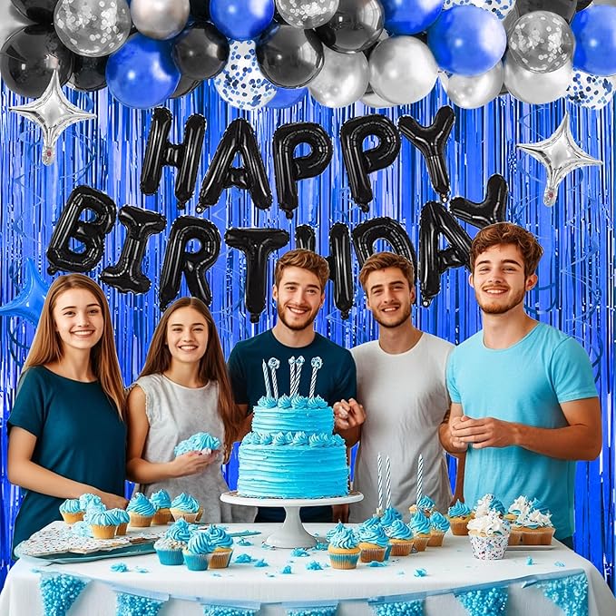 92 PCS Black and Blue Happy Birthday Decorations Balloons Fringe Curtains Vortex for Boys Men Girls Women 16th 18th 20th 21st 25th 30th 40th 50th 60th Birthday Party Decorations