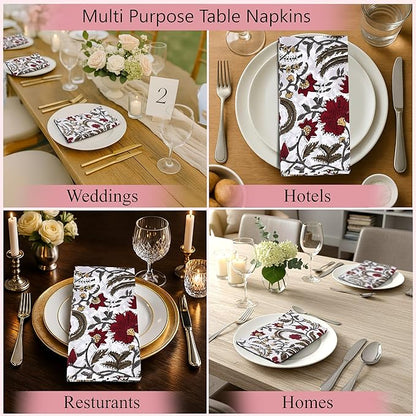 Ridhi Prune Red Hand Block Print 100% Cotton Napkins 18" x 18" (Set of 4) Reuseable Kitchen Napkins Cloth Decor Dinner Party Wedding Cocktail Gift for Spring, Easter
