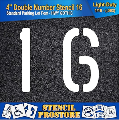 Pavement, Curb, and WheelStop Stencils - 4 inch Double Number Stencil - (16) - 4" x 4" x 1/16" (63 mil) - Light-Duty