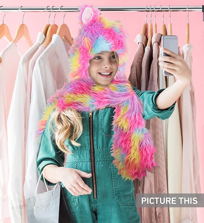 DolliBu Rainbow Plush Hat - Super Soft Warm Winter Hat with Ear Flaps, Funny Party Costume, Stuffed Beanie for Kids & Teens - One Size