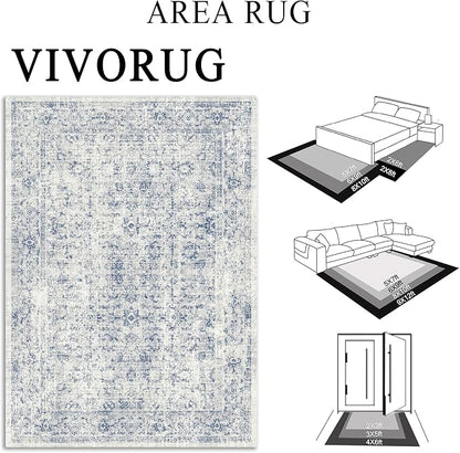 3x5 Rug, Small Area Rug for Living Room, Bedroom, Kitchen, Machine Washable Non-Slip Throw Rug, Vintage Distressed Floral Carpet for Entryway Nursery Dinner Room - Durable (Blue)
