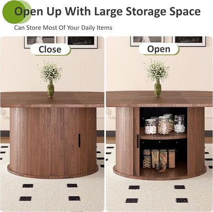 Extendable Round Dining Table for 2-4-6, 63 Inch Dining Room Kitchen Table with 2-Tier Storage Shelf, Modern Farmhouse Fluted Wood Slide Door Dinner Furniture,Oval Circle(Walnut-63 Inch)