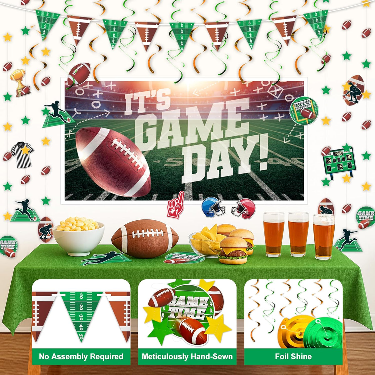 32-Piece Football Party Decoration Kit – Banners, Foil Swirls, Garlands and Cutouts with Helmets, Jerseys and Game Icons for Super Bowl, Tailgate, Sports Birthdays and Team Celebrations