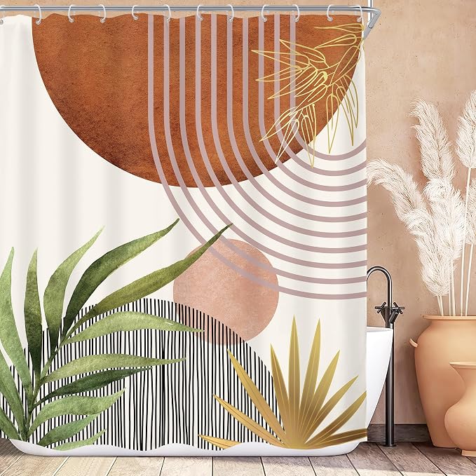 KOMLLEX Mid Century Green Boho Shower Curtain 60Wx72L Inches Abstract Modern Brown Shower Curtain for Bathroom Decor Plant Botanical Minimalist Arch Sun Fabric Liner Waterproof Polyester 12 Pack Hooks