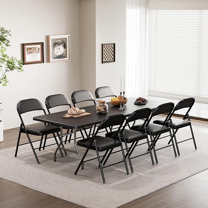 8Ft Foldable Table Portable Plastic Folding Table with Safety Locks, Lightweight & Durable for Parties, Dining, Weddings, Events, Picnics,Indoor & Outdoor Use (Black, 8FT)