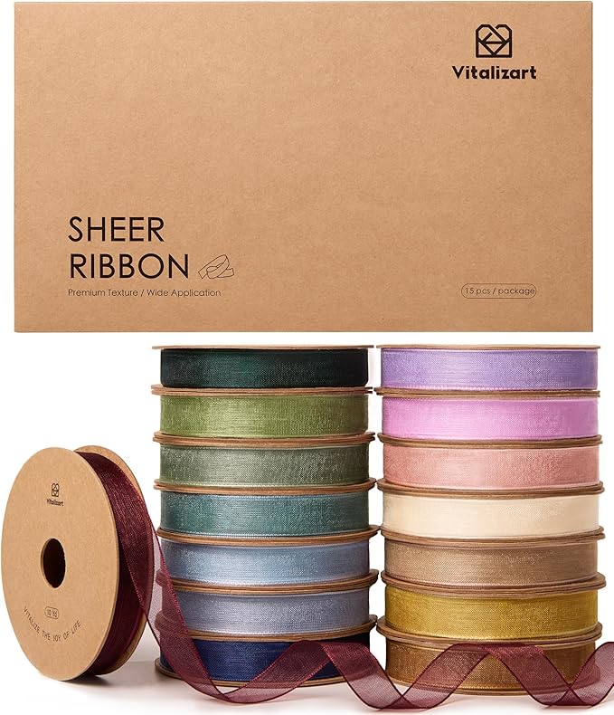 Vitalizart 3/8" x 150 Yards Organza Ribbon Mixed Color 15 Rolls x 10 Yd Sheer Ribbon for Gift Wrapping Crafts Christmas Tree Bows Wedding Invitations Wreaths Party Decor Bouquet DIY Projects