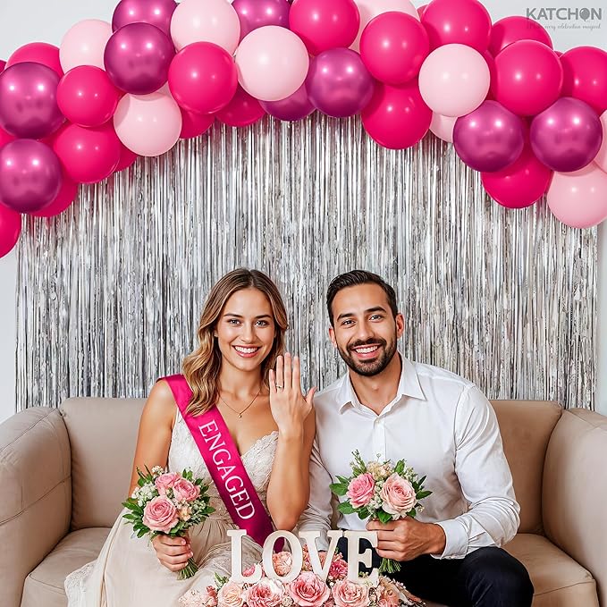 KatchOn, Big Silver Fringe Backdrop Set - 3.2x6.5 Feet, Pack of 52 | Silver Streamer Backdrop and Pink Latex Balloons | Fringe Curtain for Engagement, Disco, Wedding, Anniversary, Birthday Decoration