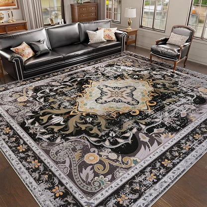 RUSHUFFY 6x9 Washable Area Rugs for Living Room, Non-Slip Boho Vintage Traditional Medallion Print Pattern Carpet for Bedroom Dining Room Farmhouse Nursery Room, Black & Gold