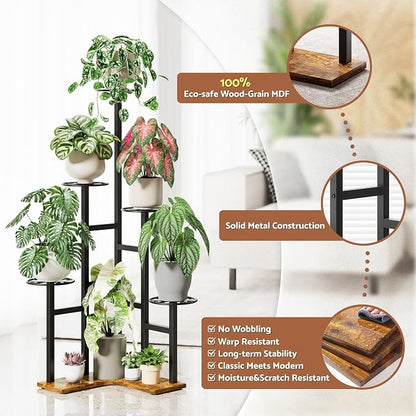 Plant Stand Indoor Outdoor, 6 Tier Tall Metal Wood Shelf Holder Display Rack Flower Pot Stand for Patio Garden Balcony Living Room Bedroom