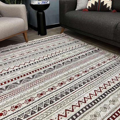 Alfa Rich 4x6 Red Burgundy White Gray Washable Area Rugs for Living Room Bedroom Kitchen Cotton Rug