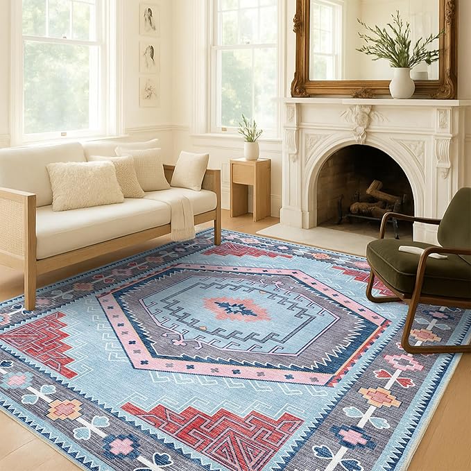 Fame Living Washable Area Rug. Modern Farmhouse. Vintage. Turkish. Bohemian. Distressed. Oriental. Traditional. Rugs for Living Room. Dining. Bedroom. Office. Entryway. Foyer. (856BlM, 2'5" x 6'5")