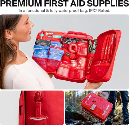 Large Waterproof First Aid Kit for Car, Travel & Home - Emergency Kit for Hiking, Camping, Backpacking and Outdoors - Includes Zip Stitch Wound Closure Strips