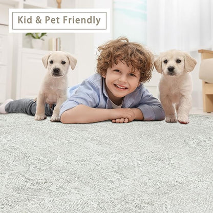 Srugn Washable Rugs 5x7 Area Rugs for Living Room,Bedroom,Large Carpets,Ultra Soft Faux Wool Retro Dining Room Rug,Non Slip&Non-Shedding Low Pile Vintage Rugs for Home Office,Concrete Grey