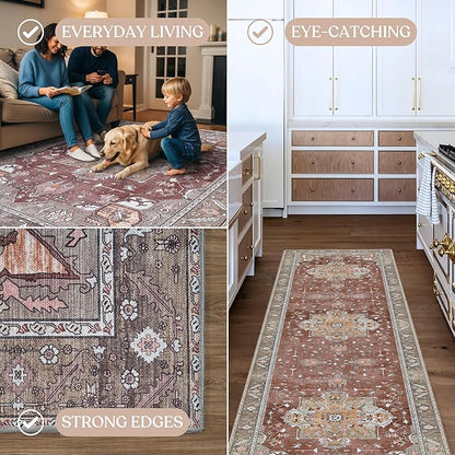 Distressed Modern Rug, Terracotta Vintage Inspired Medallion Geometric Large Area Rugs for Living Room Bedroom Bathroom Kitchen Home (857RB, 2' x 3')