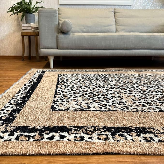 Alfa Rich 7x10 Leopard Beige Black Washable Area Rugs for Living Room Bedroom Reversible Cotton Rug