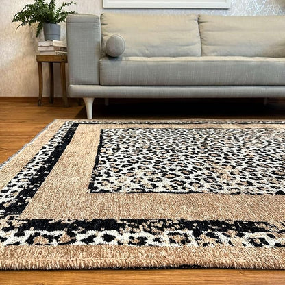Alfa Rich 7x10 Leopard Beige Black Washable Area Rugs for Living Room Bedroom Reversible Cotton Rug