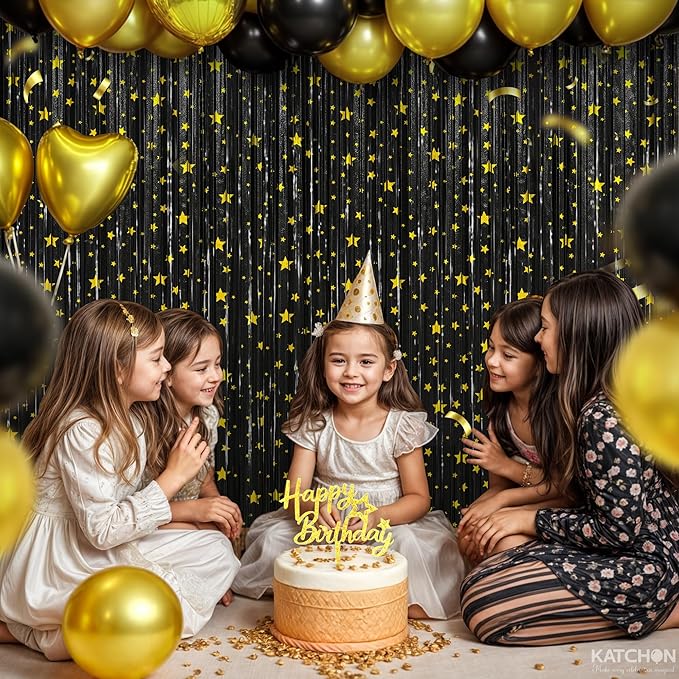 KatchOn, XtraLarge Black Streamers, Pack of 2 | Star Fringe Backdrop for Black Birthday Decorations | Star Tinsel Backdrop for Prom Send Off Decoration Grauation Backdrop Graduation Decorations 2026