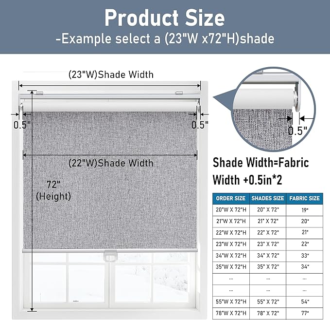 Cordless Roller Shades Blackout Blinds for Windows Room Darkening Rolled Up Shades with Spring System, UV Protection Natural Linen Fabric Window Shades Door Blinds for Home,22" W x 72" H, Heather Grey