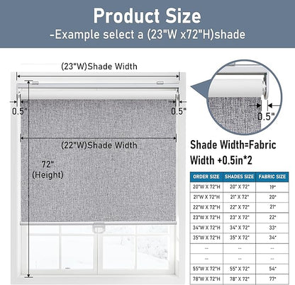 Cordless Roller Shades Blackout Blinds for Windows Room Darkening Rolled Up Shades with Spring System, UV Protection Natural Linen Fabric Window Shades Door Blinds for Home,22" W x 72" H, Heather Grey