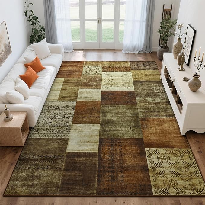 Tepook Modern Area Rug for Living Room, 6x9 Geometric Large Rugs for Bedroom, Washable Patchwork Rug Indoor Non-Slip Throw Carpets for Dining Room Office Farmhouse Home Decor, Brown