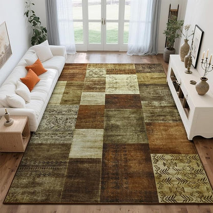 Tepook Modern Area Rug for Living Room, 6x9 Geometric Large Rugs for Bedroom, Washable Patchwork Rug Indoor Non-Slip Throw Carpets for Dining Room Office Farmhouse Home Decor, Brown