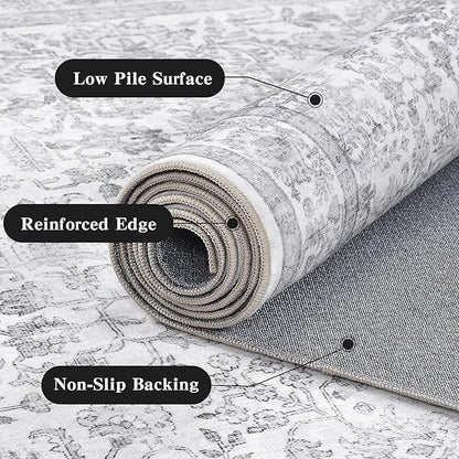 8x10 Gray Washable Area Rugs for Living Room Non Slip Low Pile Vintage Boho Throw Rug Soft Retro Distressed Floral Large Carpet Indoor Farmhouse Decor for Bedroom Dining Room Office Kitchen Playroom