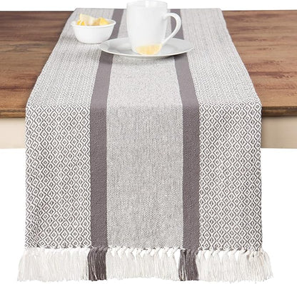 Sticky Toffee Cotton Table Runner, 14 x 72 Inch, Gray Woven Farmhouse Boho Striped Table Décor for Kitchen or Dining