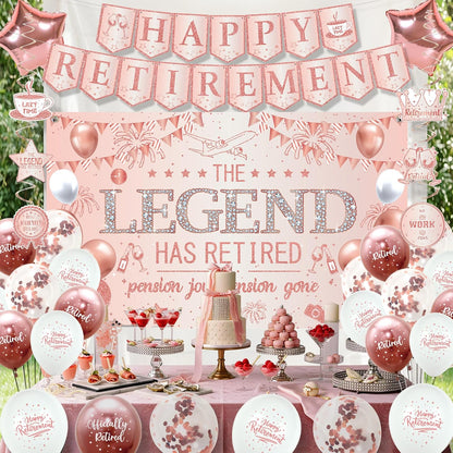 Roetyce Retirement Party Decorations Women, Rose Gold Happy Retirement Banner Backdrop Balloons Hanging Swirls for Coworker Family, Pink Lengend Has Retired Sash & Crown, Office Retired Background