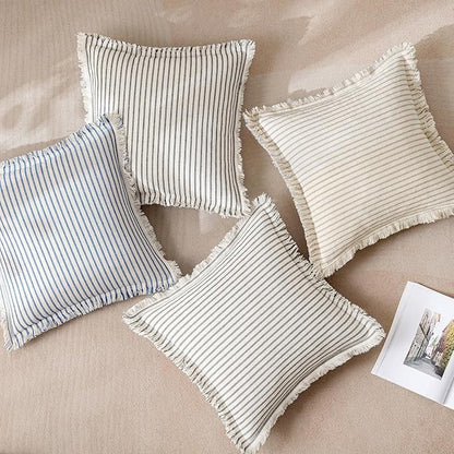 MIULEE Black Pack of 2 Pillow Covers 18x18 Inch Striped Farmhouse Couch Throw Pillow Covers with Fringe Chic Linen Decorative Cushion Covers for Sofa Living Room Bed Outdoor Home Decor