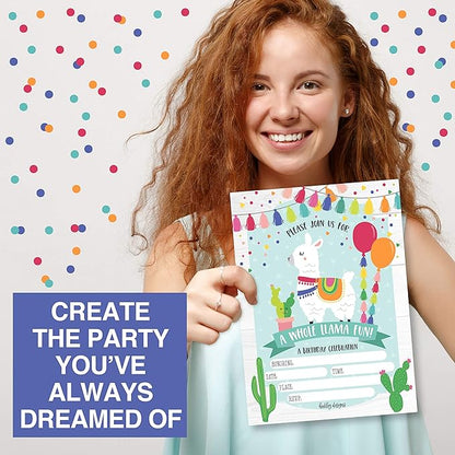 Hadley Designs Kids Birthday Invitations For Boys and Girls Mexican Theme - 25 Llama Birthday Party Invitations For Boys, Fiesta Invites For Girls, Cute Alpaca Cactus Party Supplies, Made In USA