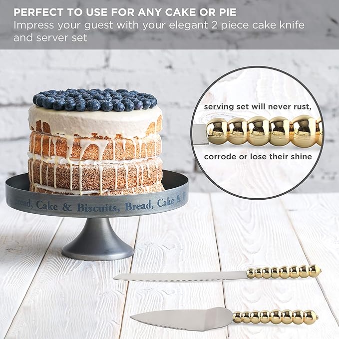 Homi styles wedding cake knife and server set | Elegant Gold Color With Beaded Handles & Premium 420 Stainless Steel Blades | Cake & Pie Serving Set For Wedding Cake,cake cutter Gift