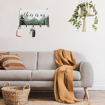 This is us Decor Key Holder for Wall 10"x5.12", Inspiration Sign Key Hanger Wall Mount, Family Quotes Rustic Forest Mountain Wooden Hanging Keys Holder Decor for Entryway Front Door（5 Hooks）