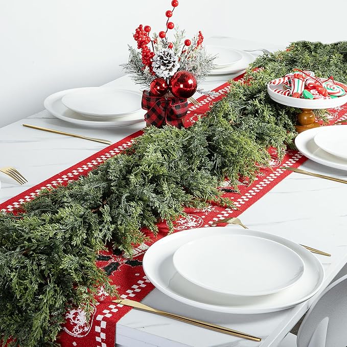 2 Pcs Christmas Norfolk Pine Garlands, 6 Ft Double Color Real Touch Artificial Cedar Garland, Faux Pine Cypress Greenery Garland Ornaments for Mantle Fireplace Table Indoor Outdoor Xmas Decoration