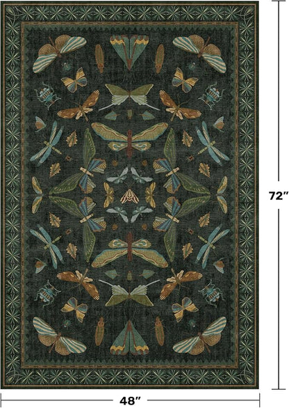 Dark Green 4x6 Washable Area Rug for Living Room, Bedroom, Large Entryway, Kitchen, Ultra Soft Non Slip Stain Resistance, Floral Forest with Brown Aethestic Design