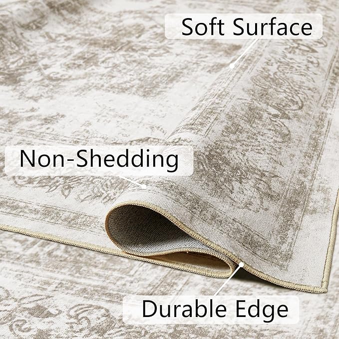 PureCozy Area Rug 8x10 Beige Washable Living Room Carpet Non Slip Vintage Medallion Indoor Bedroom Carpet Low Pile Soft Retro Distressed Large Rug Home Office Dining Room Playroom