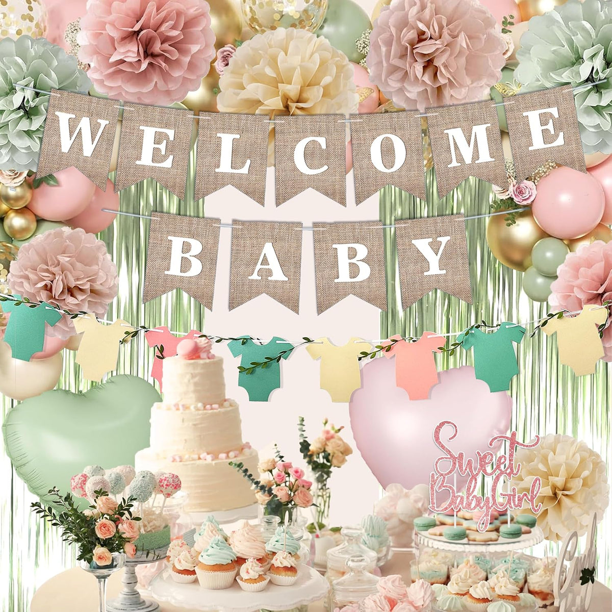 Pink Green Baby Shower Decorations Girls with Welcome Baby Banner, Paper Pom Poms, Sweet-Girl Baby Cake Topper, Retro Olive Pink Metallic Balloon Décor for Easter Jungle Safari Fairy Baby Shower Party