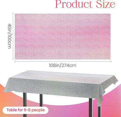 PalePink & Silver Holographic Tablecloth 40" x 108" Hot Pink Party Decoration Valentine's Day Birthday Party Table Decor Iridescence Plastic Table Cloth for Baby Shower Bachelorette Party Supplies