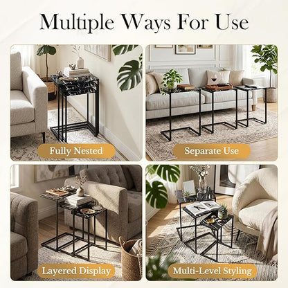SUPER DEAL Nesting Tables Set of 3, Industrial C Shaped End Table Stackable
