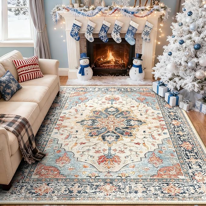 RELEANY Area Rugs 5'x7' Washable Non-Slip, Floral Vintage Distress Print Pattern Medallion Carpet for Living Room Bedroom Dining Room, Beige Navy Blue Orange Colorful